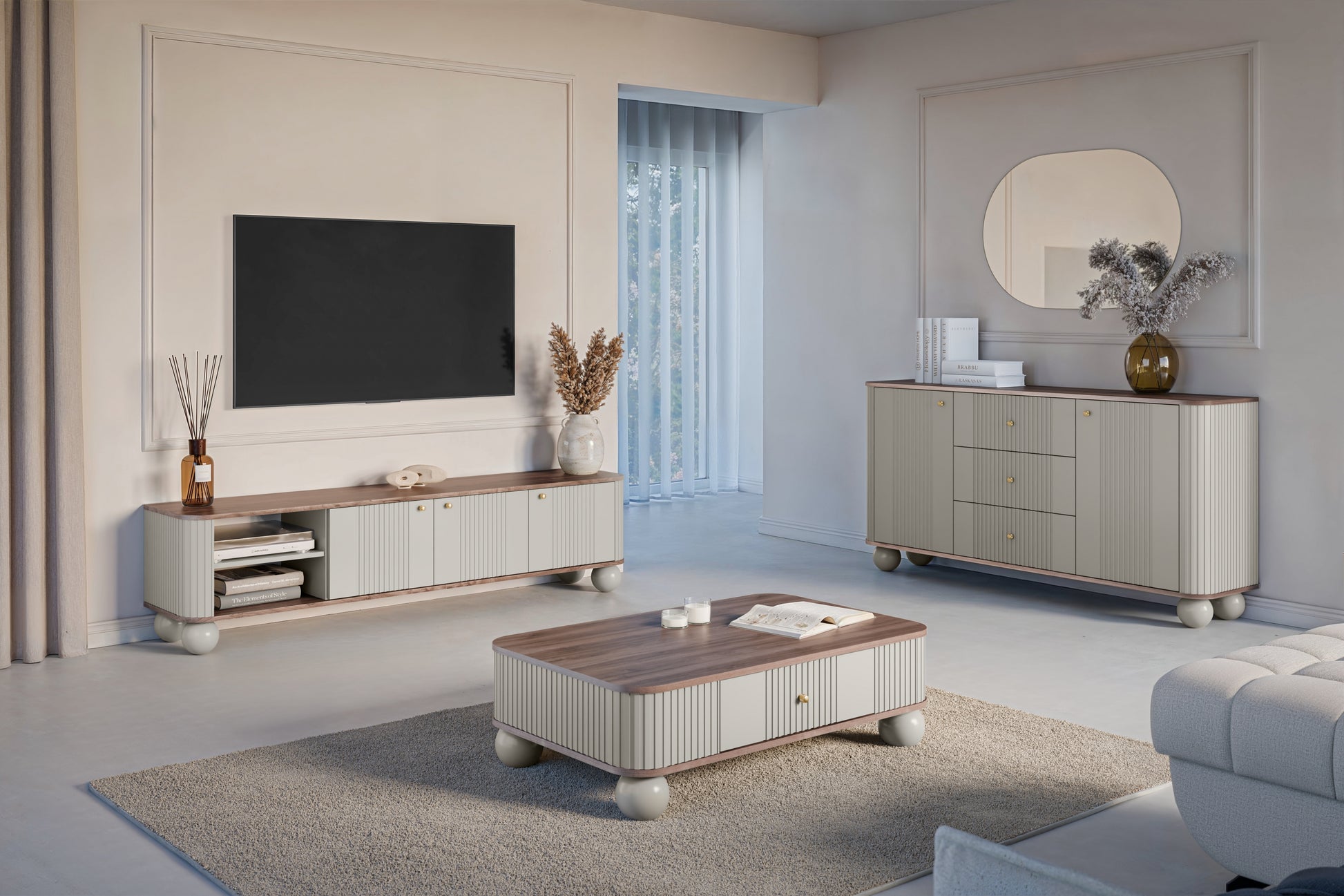 TV skapis Vespa  187/48/38 cm kašmirs/rieksts/zelts - N1 Home