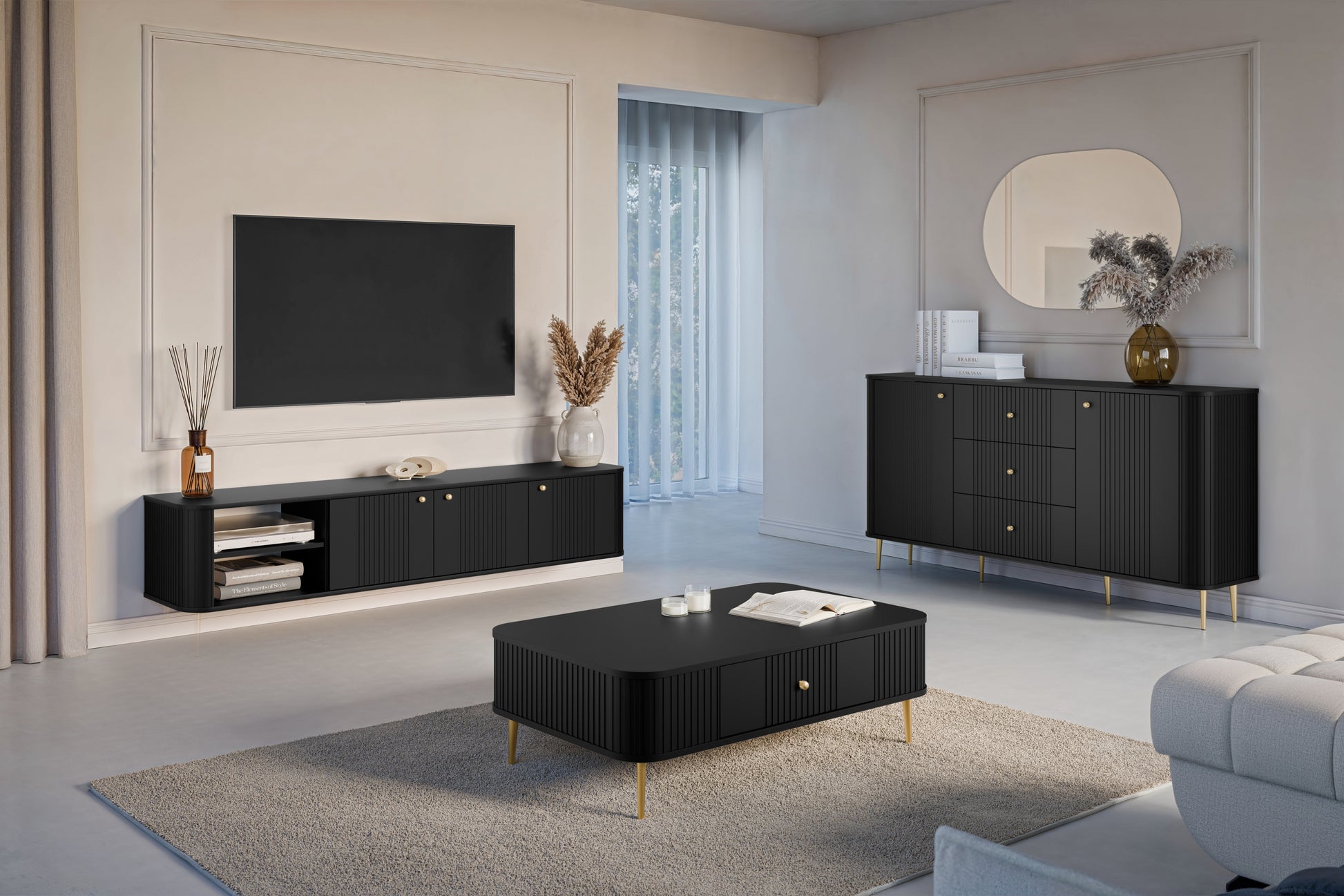 TV skapis Vespa  187/36/38 cm melns/zelts - N1 Home