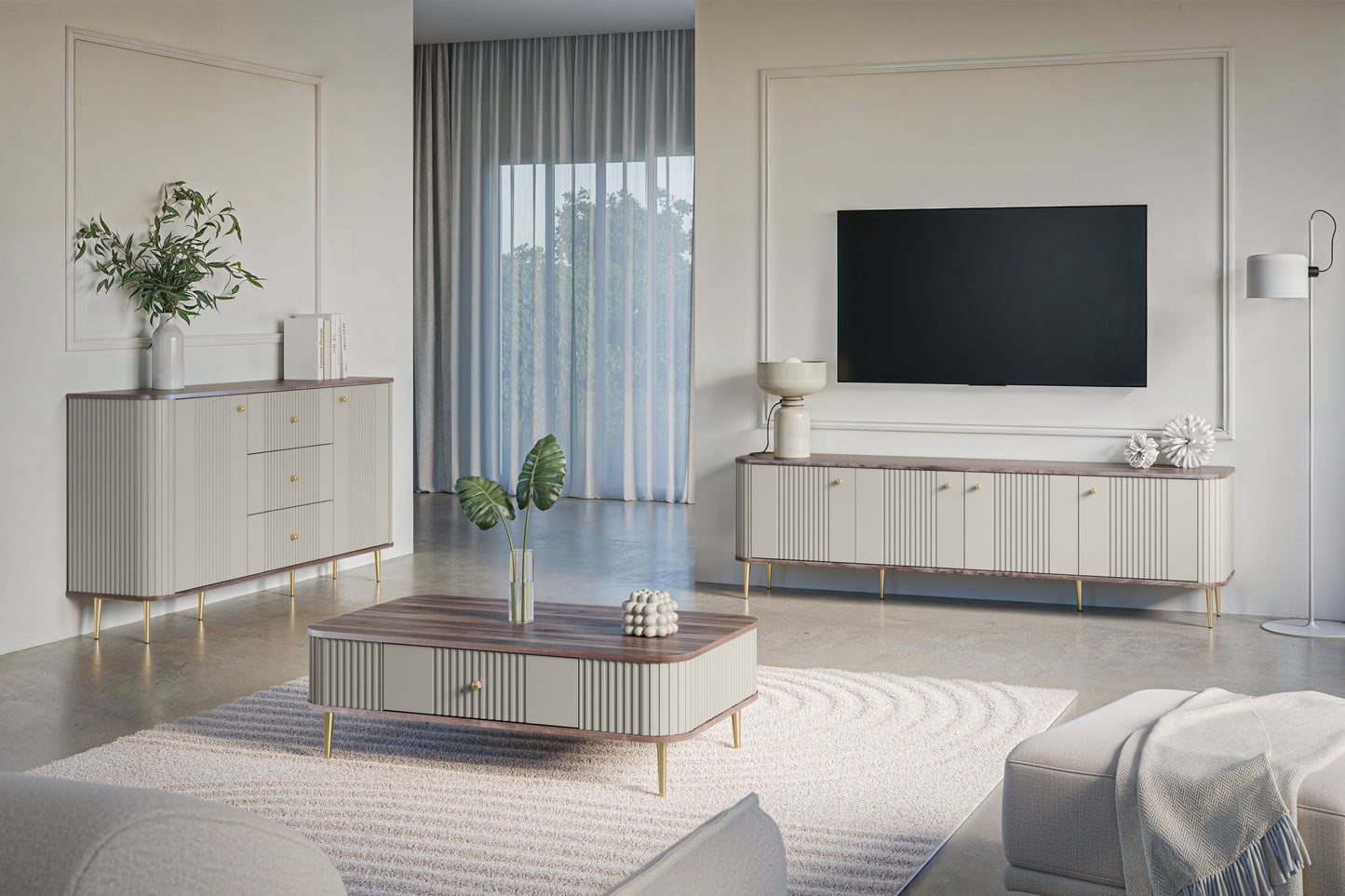 TV skapis Vespa 187/51/38 cm kašmirs/rieksts/zelts - N1 Home