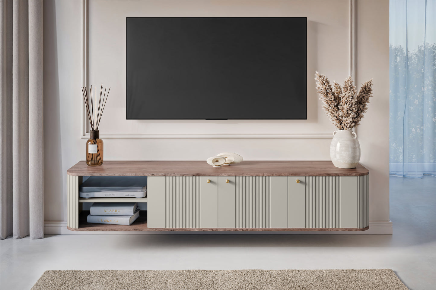 TV skapis Vespa  187/36/38 cm kašmirs/rieksts/zelts - N1 Home