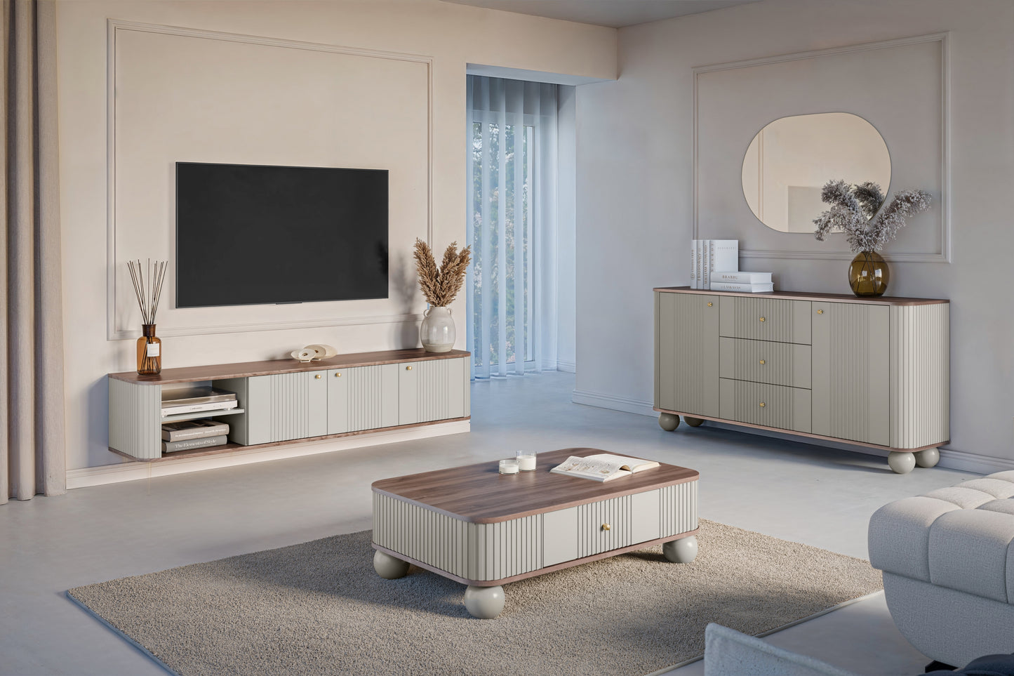 TV skapis Vespa  187/36/38 cm kašmirs/rieksts/zelts - N1 Home