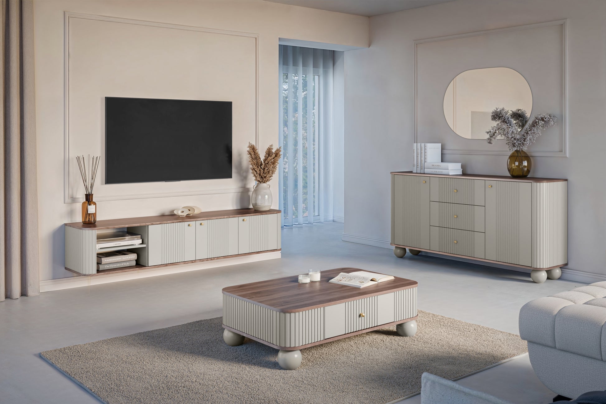 TV skapis Vespa  187/36/38 cm kašmirs/rieksts/zelts - N1 Home