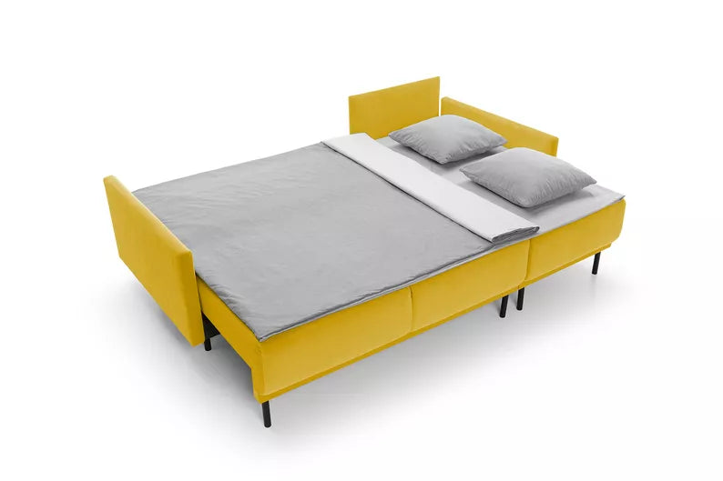 NOMIEL L-formas izvelkamais stūra dīvāns ar konteineru, universāls, ūdeni atgrūdošs medus samts - N1 Home