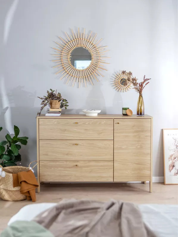 ZOCY Viendurvju kumode ar trim atvilktnēm, 136 cm, eļļots ozols - N1 Home