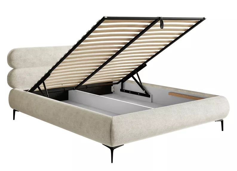 LOURE Mīkstā gulta 140/160/180x200 cm ar glabātuvi, metāla rāmis, pelēks un bēšs šenils, melnas kājas - N1 Home