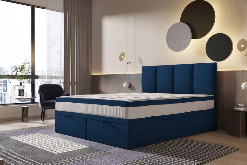 CATALEMER Kontinentālā gulta 140/160/180/200 x200 cm ar matraci un konteineriem, tumši zils samts - N1 Home