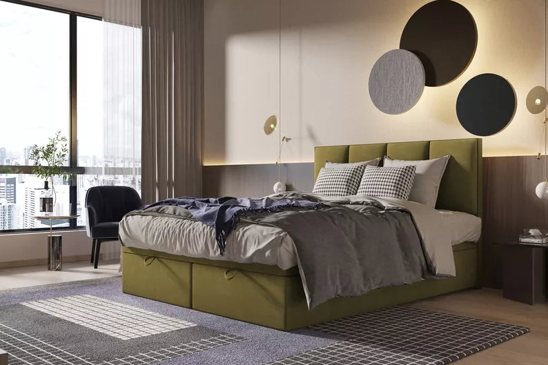 CATALEMER Kontinentālā gulta 140/160/180/200 x200 cm ar matraci un konteineriem, olīvu samts - N1 Home