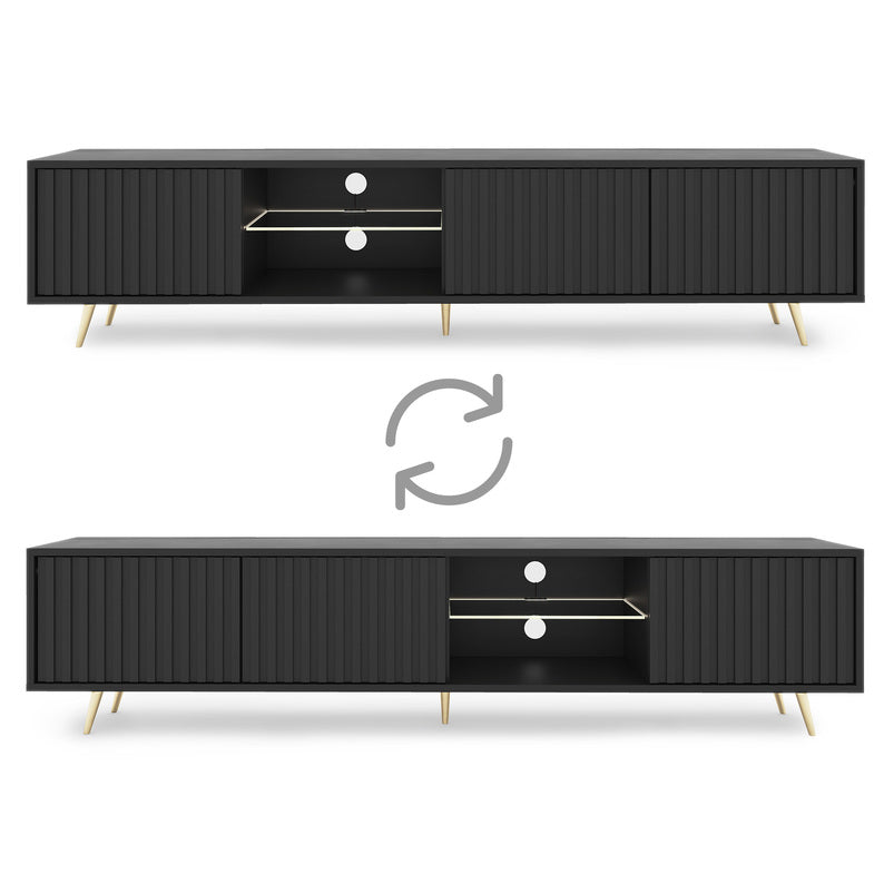 FELO TV skapis ar lameļu fasādēm, 175 cm, melns, LED, ar zelta kājiņām - N1 Home