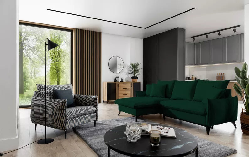 BIANOCA L-veida stūra dīvāns ar gulēšanas funkciju, ar konteineru, tumši zaļš hidrofobs samts , kreisa/laba puse - N1 Home