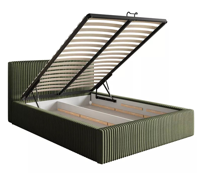 LIOTI Mīkstā gulta 140/160/180x200 cm  ar glabātuvi, metāla rāmis, olīvzaļa bieza velveta - N1 Home