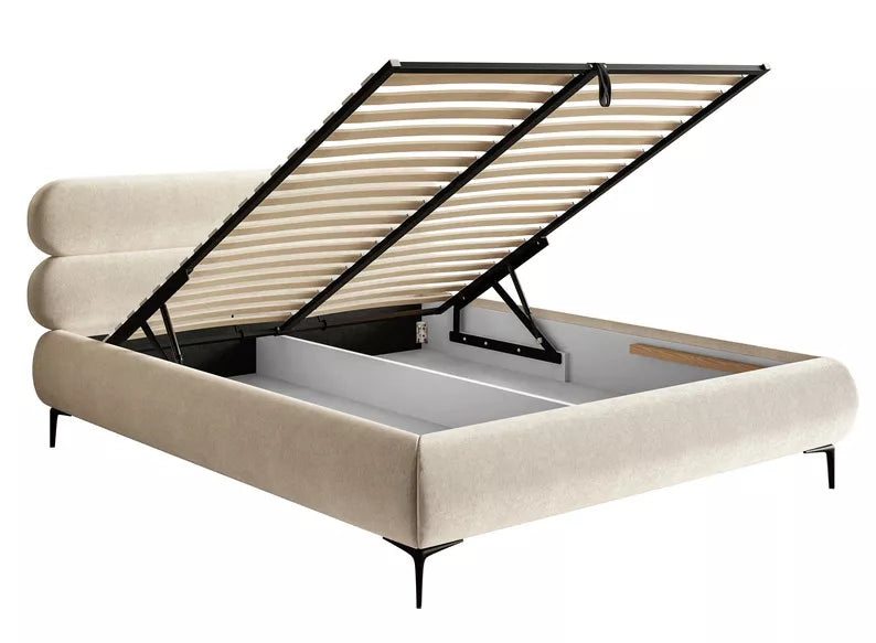 LOURE Mīkstā gulta 140/160/180x200 cm ar glabātuvi, metāla rāmis, gaiši bēšs hidrofobs samts, melnas kājas - N1 Home
