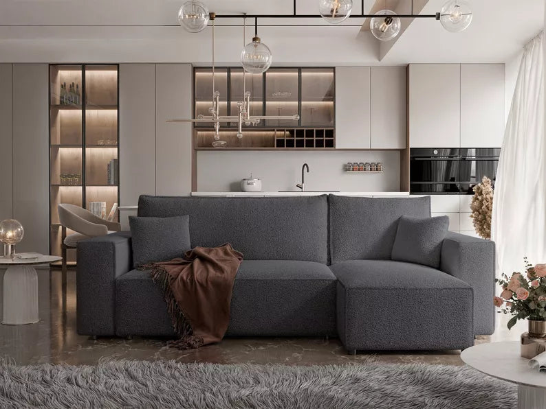 CARLO L-veida stūra dīvāns ar gulēšanas funkciju, ar konteineri, universāls, tumši pelēks bukle - N1 Home