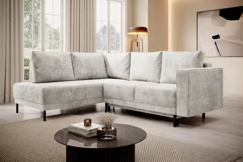 RIO Stūra dīvāns ar gulēšanas funkciju, ar konteineru, pelēki bēšs velvets, kreisa/laba puse - N1 Home