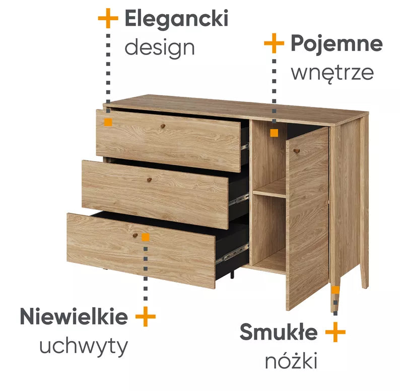 ZOCY Viendurvju kumode ar trim atvilktnēm, 136 cm, eļļots ozols - N1 Home