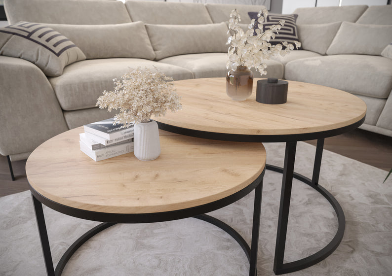 BELLO Divu kafijas galdiņu komplekts, apaļš, 80 un 60 cm, artisan ozols - N1 Home