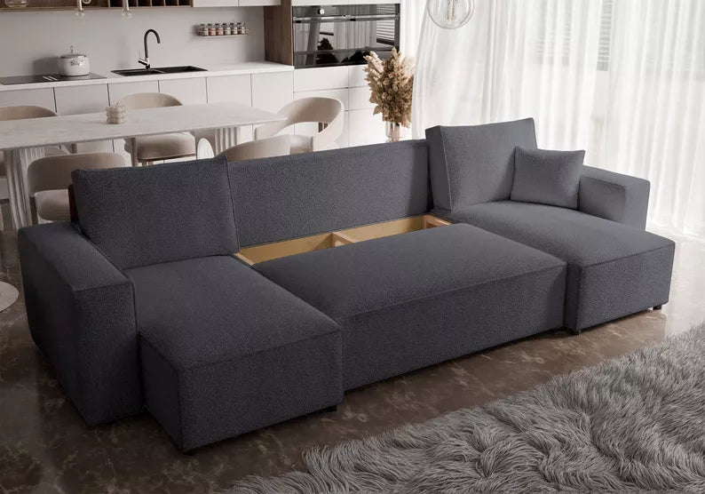 CARLO U-veida stūra dīvāns ar gulēšanas funkciju, ar konteineri, universāls, tumši pelēks bukle - N1 Home
