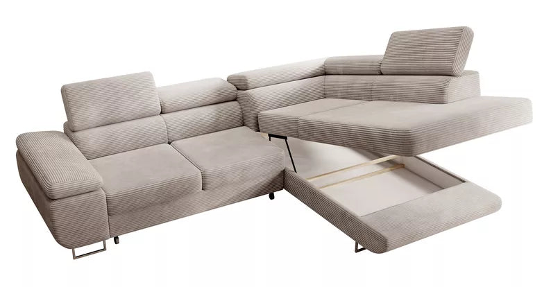 VILSTEV L-formas stūra dīvāns ar gulēšanas funkciju, ar konteineru, pelēks un bēšs velvets laba puse - N1 Home