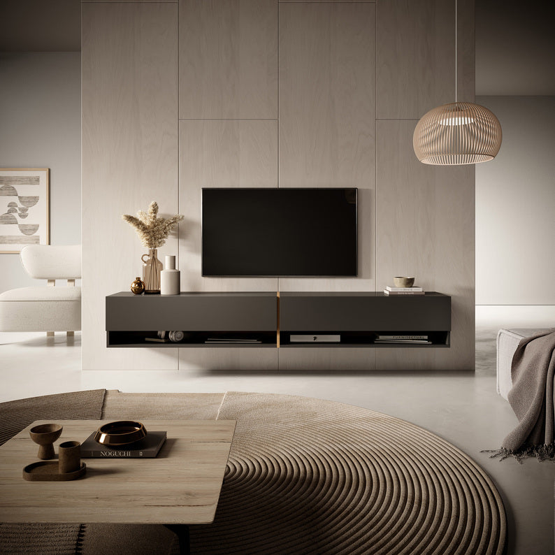 RGO TV skapis, 200 cm, grafīts ar amatnieka ozola ieliktņiem - N1 Home