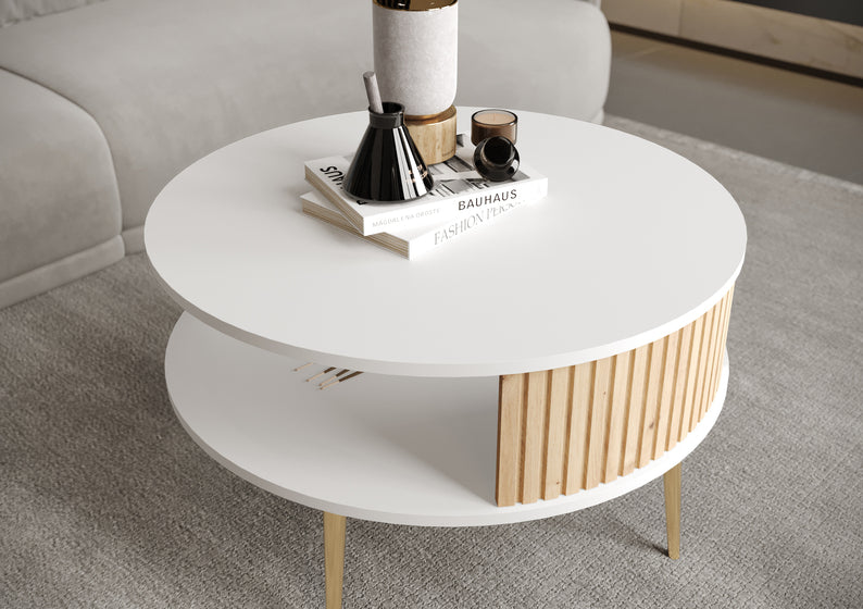 DIVIANO Apaļš kafijas galdiņš 76 cm, balts/artisan ozols ar zelta lameļu kājām - N1 Home