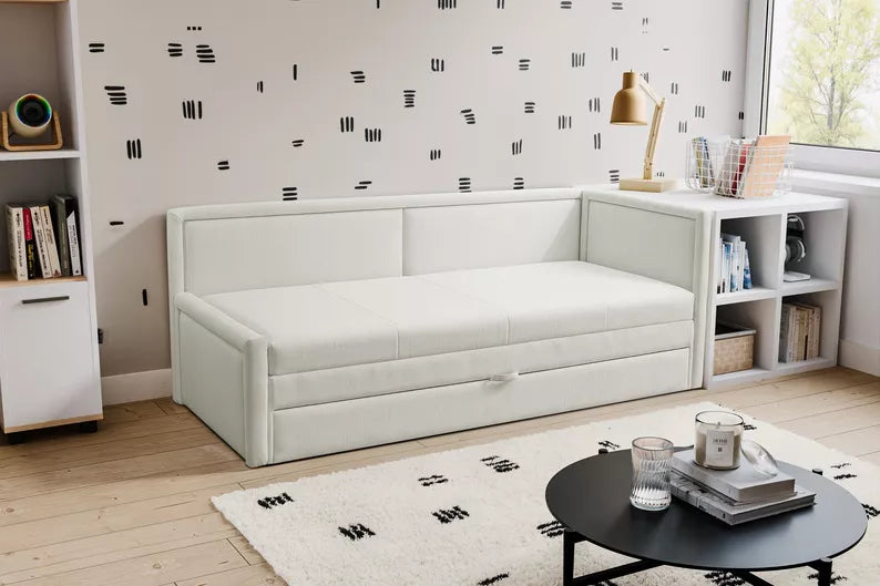 RILI Jauniešu gulta ar konteineru, krēmkrāsas, universāla bize - N1 Home