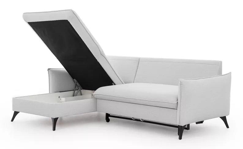 BIANOCA L-veida stūra dīvāns ar gulēšanas funkciju, ar konteineru, pelēks, viegli tīrāms audums, kreisa/laba puse - N1 Home