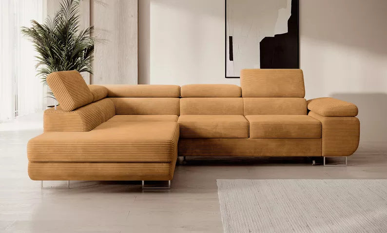 VILSTEV L-formas stūra dīvāns ar gulēšanas funkciju, ar konteineru, sinepju velveta, kreisa/laba puse - N1 Home