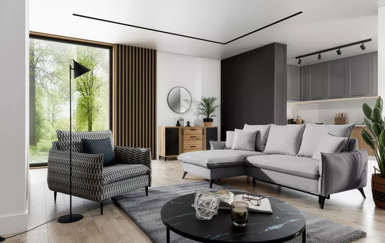 BIANOCA L-veida stūra dīvāns ar gulēšanas funkciju, ar konteineru, pelēks hidrofobs samts, kreisa/laba puse - N1 Home