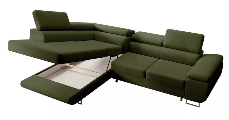 VILSTEV L-formas stūra dīvāns ar gulēšanas funkciju, ar konteineru, olīvzaļš viegli tīrāms samts, kreisa/laba puse - N1 Home