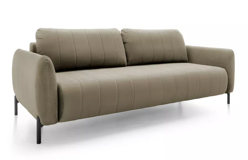 LEVA Bēšs trīsvietīgs dīvāns ar konteineru, no hidrofobiskā velūra auduma, melnām kājām - N1 Home