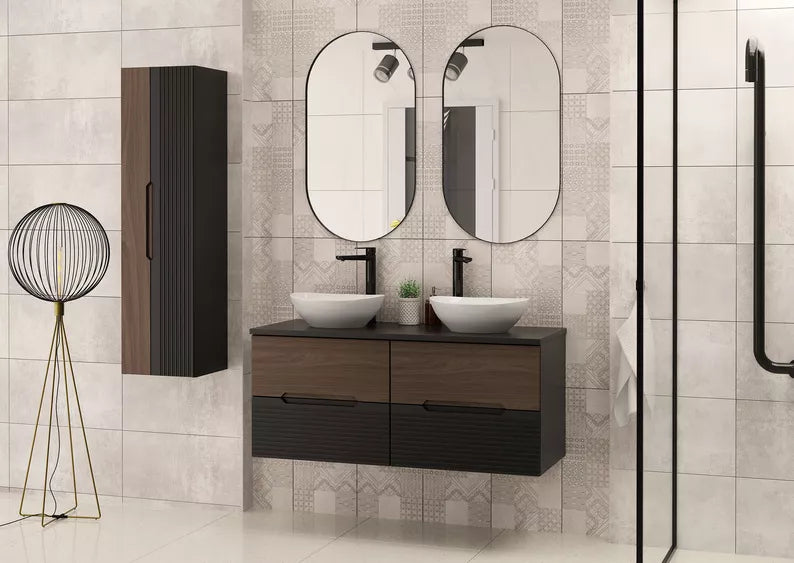 VELAV Vannas istabas komplekts ar diviem skapjiem un galda izlietnēm 120 cm, rievotas fasādes, matēts melns / riekstkoks - N1 Home