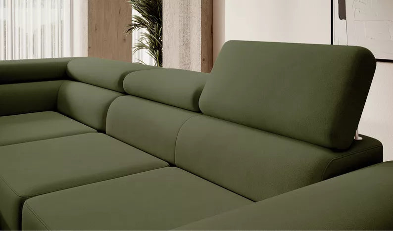 VILSTEV L-formas stūra dīvāns ar gulēšanas funkciju, ar konteineru, olīvzaļš viegli tīrāms samts, kreisa/laba puse - N1 Home