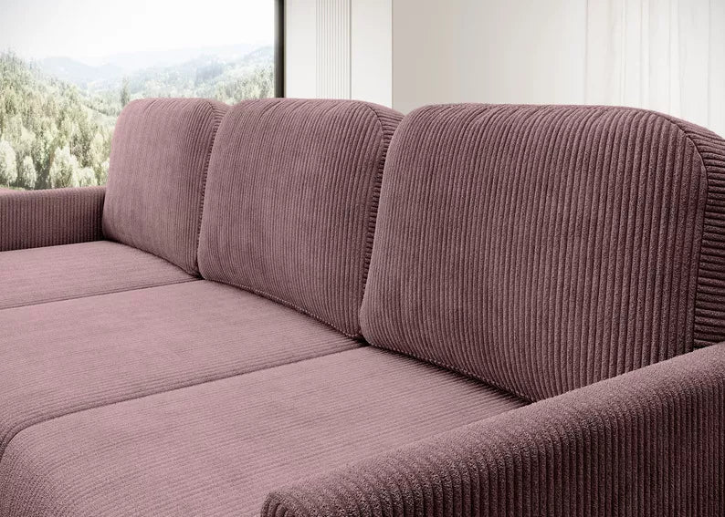 NOMIEL L-formas izvelkamais stūra dīvāns ar konteineru, universāls ceriņkrāsas velvets - N1 Home