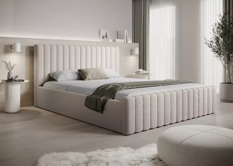 MONERA Mīkstā gulta 140/160/180x200 cm,  bēša, ar konteineru, melnas kājas - N1 Home