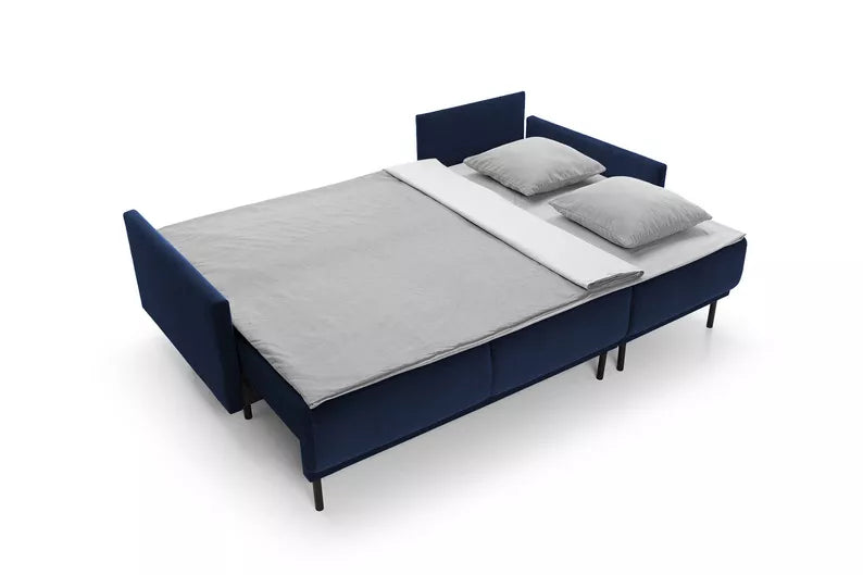 NOMIEL L-formas izvelkamais stūra dīvāns ar konteineru, universāls tumši zils hidrofobs samts - N1 Home