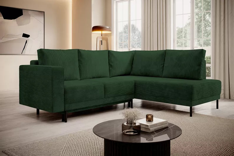 RIO Stūra dīvāns ar gulēšanas funkciju, ar konteineru, tumši zaļš velvets, kreisa/laba puse - N1 Home