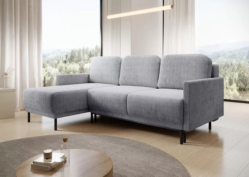 NOMIEL L-formas izvelkamais stūra dīvāns ar konteineru, universāls gaiši pelēks velvets - N1 Home