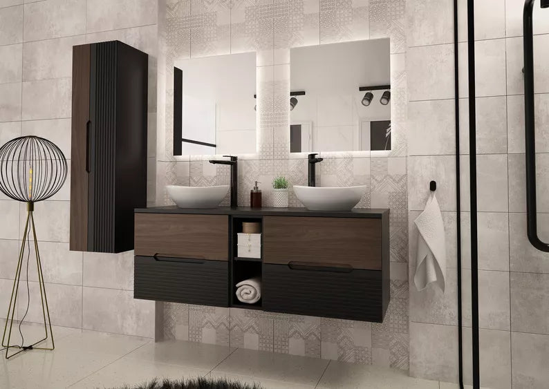 VELAV Vannas istabas komplekts ar izlietnēm uz galda un skapis 175 cm, rievotas fasādes, matēts melns / riekstkoks - N1 Home