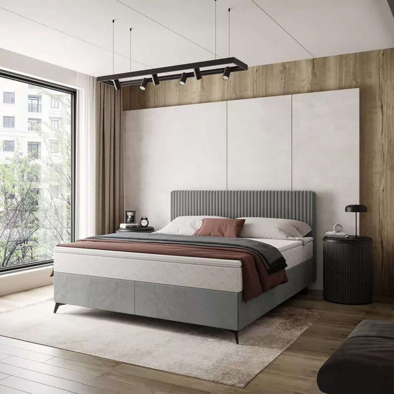 WOFAL Kontinentālā gulta 140/160/180x200 cm ar matraci un glabātuvi, gaiši pelēka bieza velveta - N1 Home