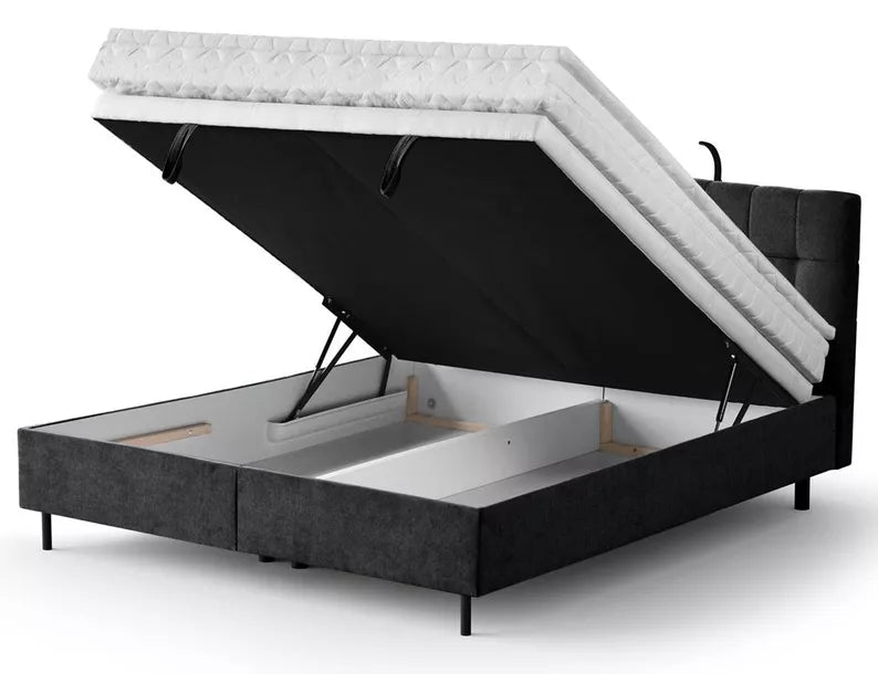 NUNA Kontinentālā gulta 140/160/180x200 cm ar matraci, glabātuvi un LED apgaismojumu, melns samts - N1 Home