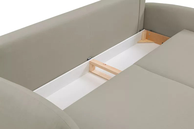 FRABA Izvelkamais dīvāns ar gulēšanas funkciju, veļas konteineru, smilškrāsas samts - N1 Home