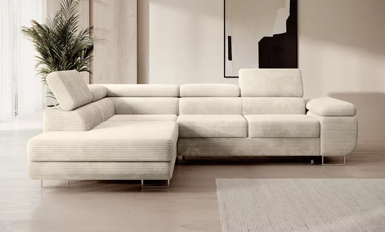 VILSTEV L-formas stūra dīvāns ar gulēšanas funkciju, ar konteineru, gaiši smilškrāsas velveta, kreisa/laba puse - N1 Home