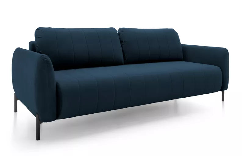 LEVA Tumši zils trīsvietīgs dīvāns ar konteineru, no hidrofobiskā velūra auduma, melnām kājām - N1 Home