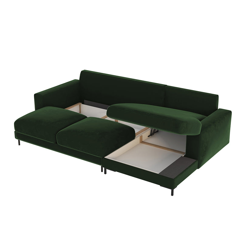 PEOMO L-formas stūra dīvāns ar gulēšanas funkciju, ar diviem konteineriem, uz melnām kājām, pudeles zaļš samts, kreisa/ laba puse - N1 Home