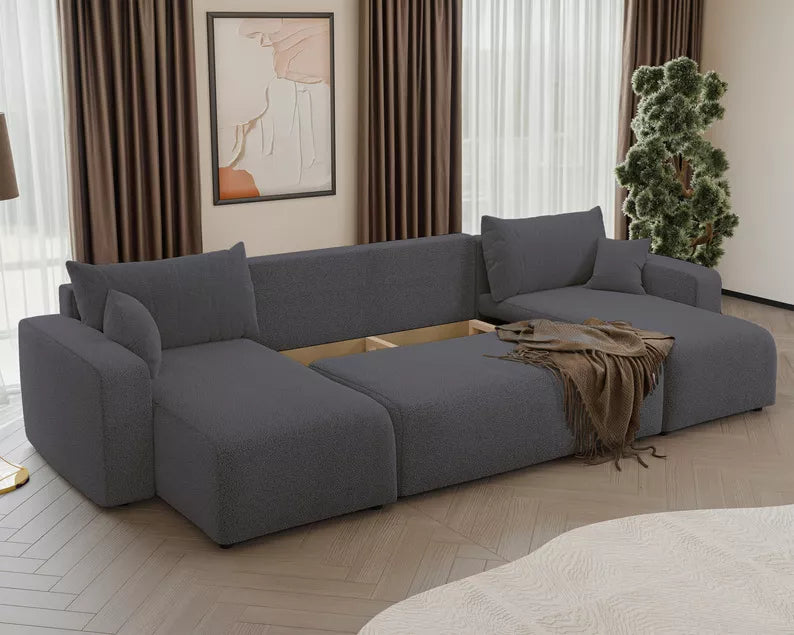 NONIPIA U-formas stūra dīvāns ar gulēšanas funkciju, ar konteineri, universāls, tumši pelēks bukle - N1 Home