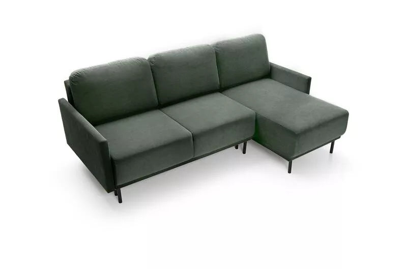 NOMIEL L-formas izvelkamais stūra dīvāns ar konteineru, zaļš hidrofoba audums - N1 Home