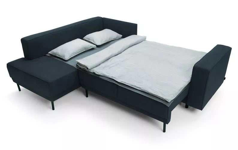 RIO Stūra dīvāns ar gulēšanas funkciju, ar konteineru, tumši zils samts, kreisa/laba puse - N1 Home