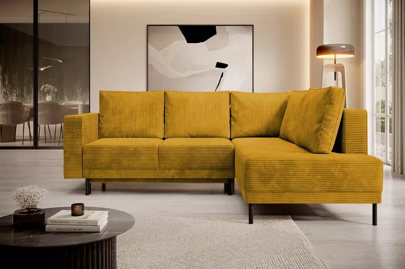 RIO Stūra dīvāns ar gulēšanas funkciju, ar konteineru, sinepju velveta, kreisa/laba puse - N1 Home