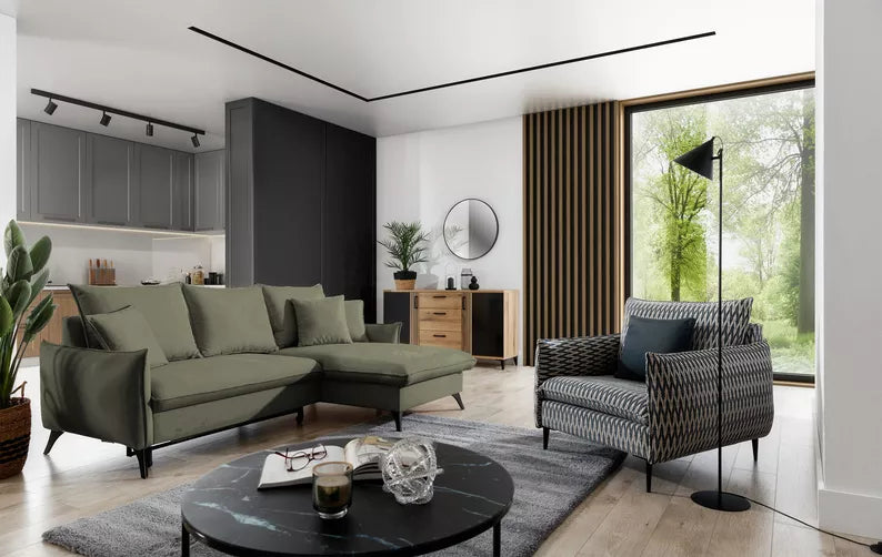 BIANOCA L-veida stūra dīvāns ar gulēšanas funkciju, ar konteineru, olīvzaļš hidrofobs samts, kreisa/laba puse - N1 Home