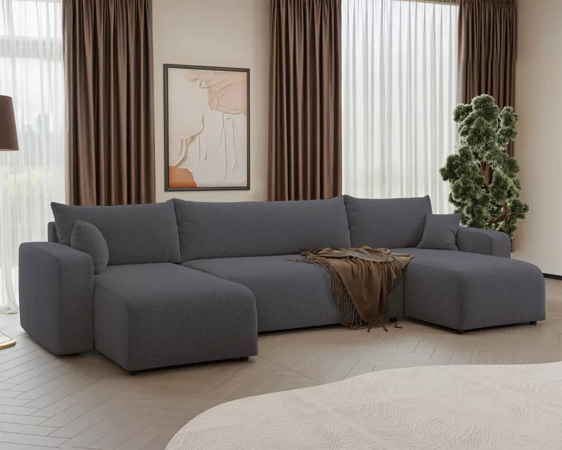 NONIPIA U-formas stūra dīvāns ar gulēšanas funkciju, ar konteineri, universāls, tumši pelēks bukle - N1 Home