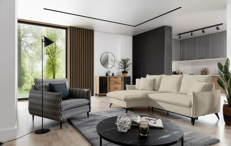 BIANOCA L-veida stūra dīvāns ar gulēšanas funkciju, ar konteineru, krēmkrāsas hidrofobs samts , kreisa/laba puse - N1 Home